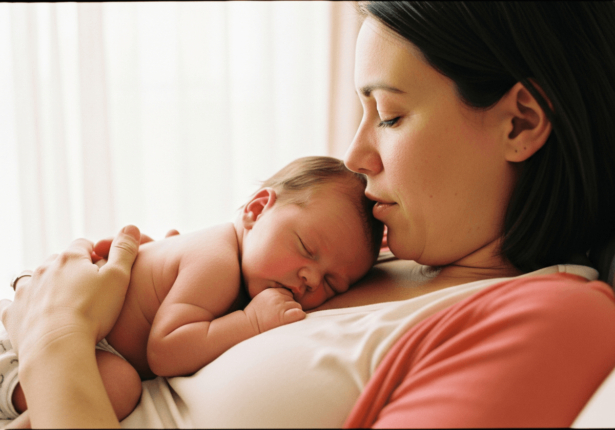 Newborn baby resting skin-to-skin on parent's chest in soft morning light