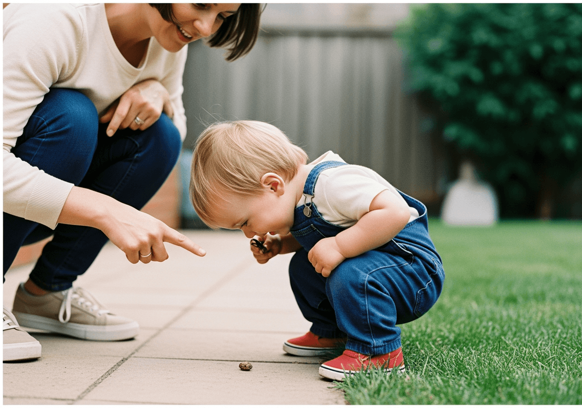 Toddler in overalls squatting in the backyard, nose-to-nose with something fascinating on the ground