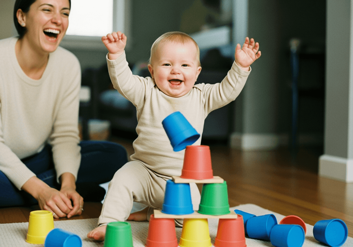 Ten-month-old baby knocking over a stacking cup tower with explosive glee