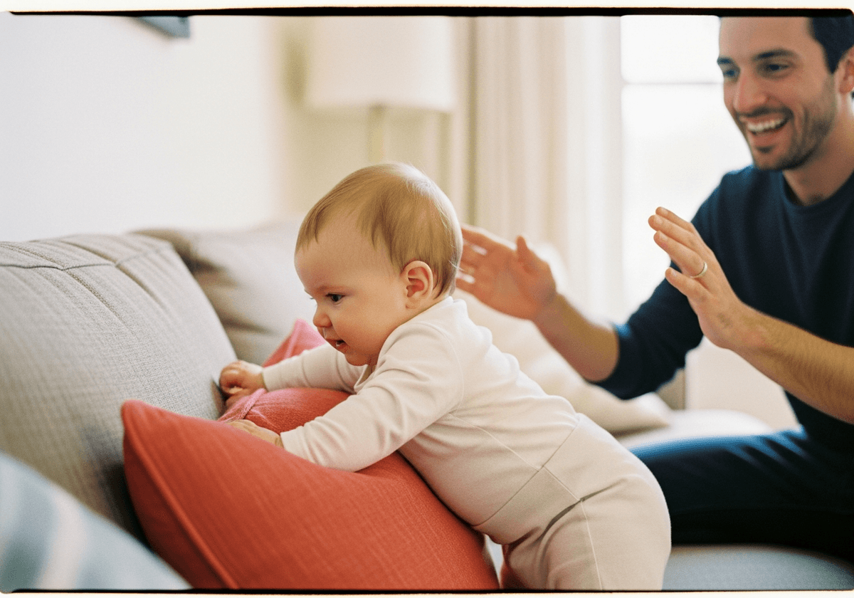 Eleven-month-old baby cruising along the sofa, taking tentative sideways steps