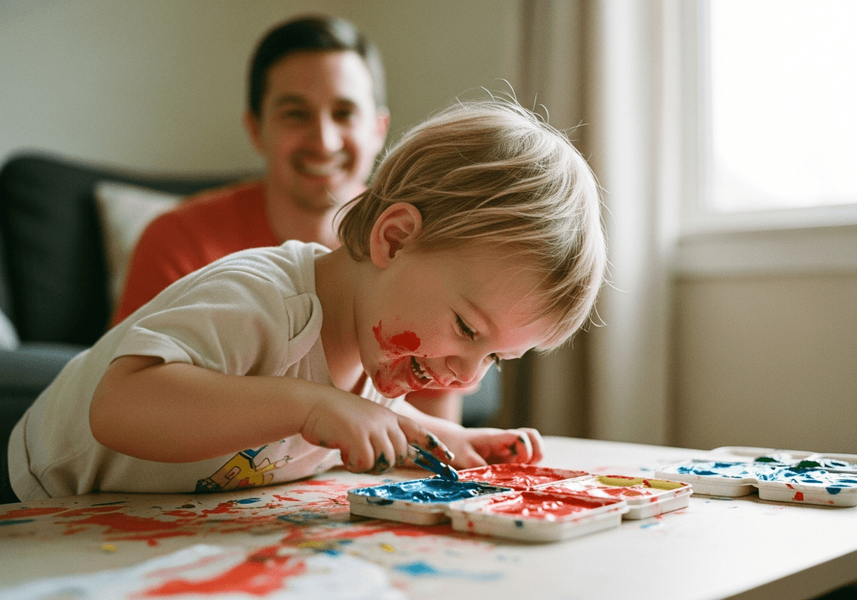 Two-year-old toddler absorbed in finger painting, caught mid-giggle at the mess