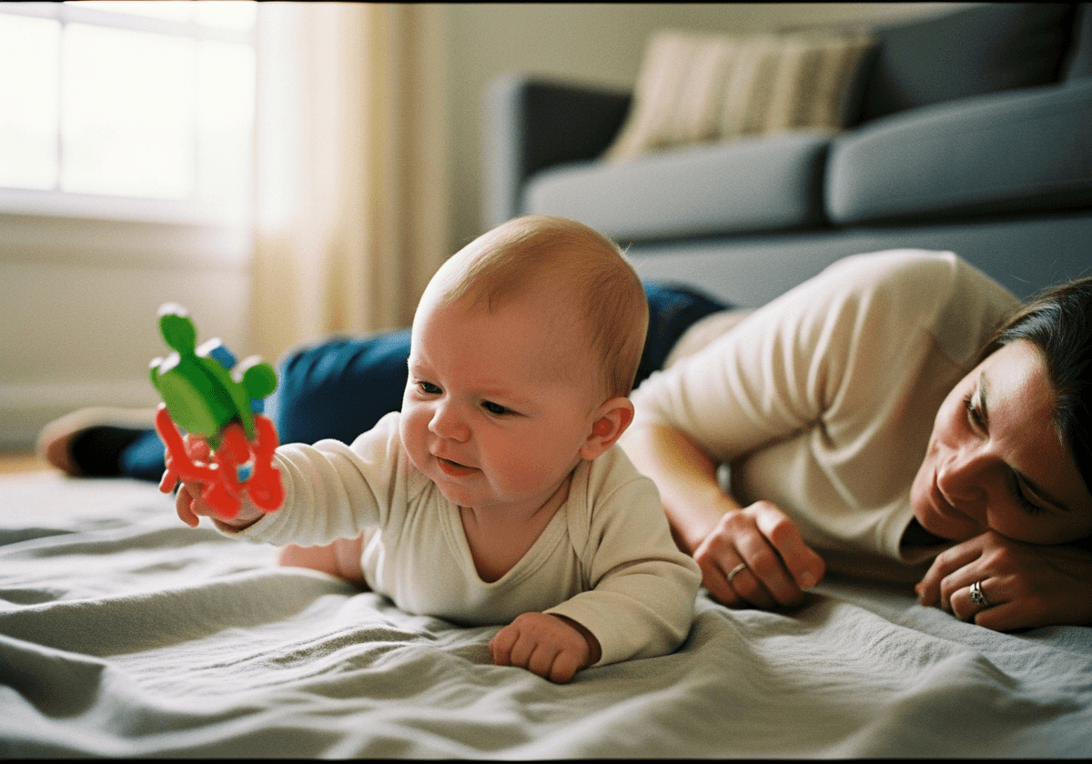 Three-month-old baby during tummy time, straining to lift their head toward a toy