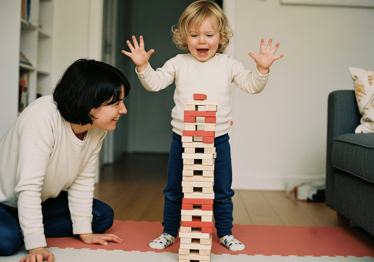 Three-year-old bracing for a teetering block tower to fall, face pure suspense and delight