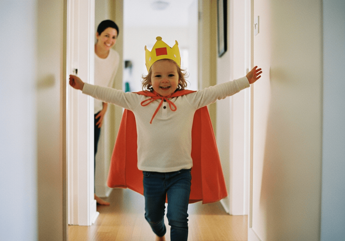 Four-year-old in a homemade cape running full-speed down a hallway, arms spread wide