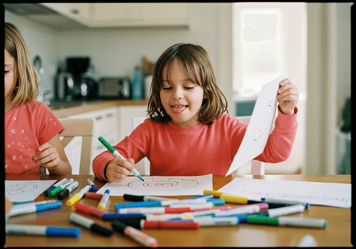 Five-year-old at the kitchen table with markers, grinning at their own drawing