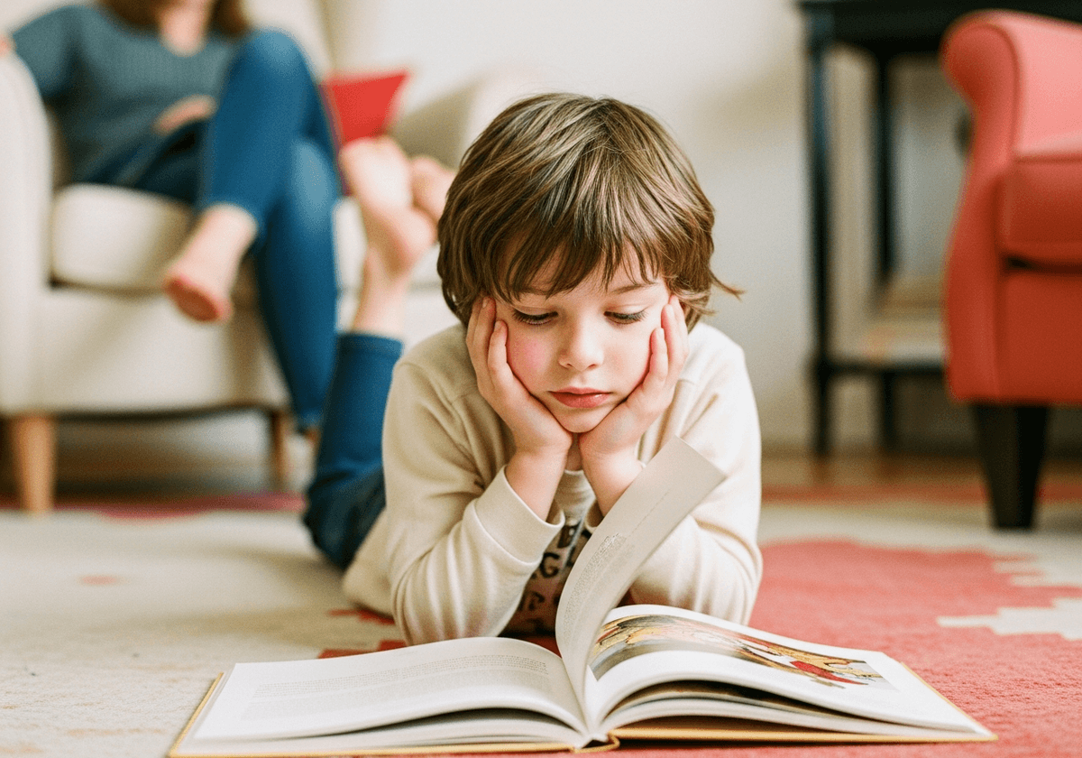 Six-year-old lying on their stomach completely absorbed in a picture book