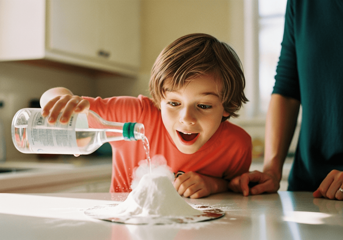 Seven-year-old mid-pour in a baking soda science experiment, eyes wide at the reaction