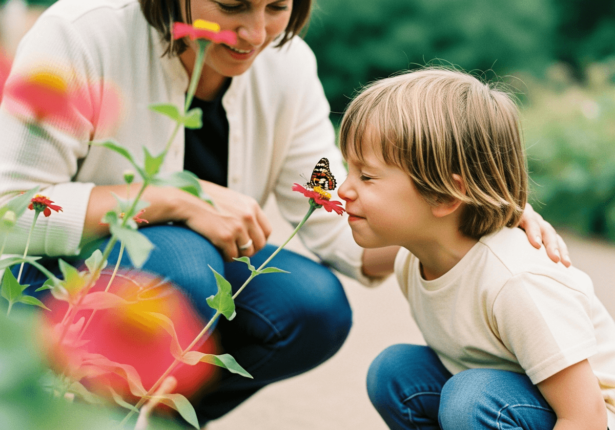 Eight-year-old nose-to-nose with a butterfly in the garden, frozen in reverent awe