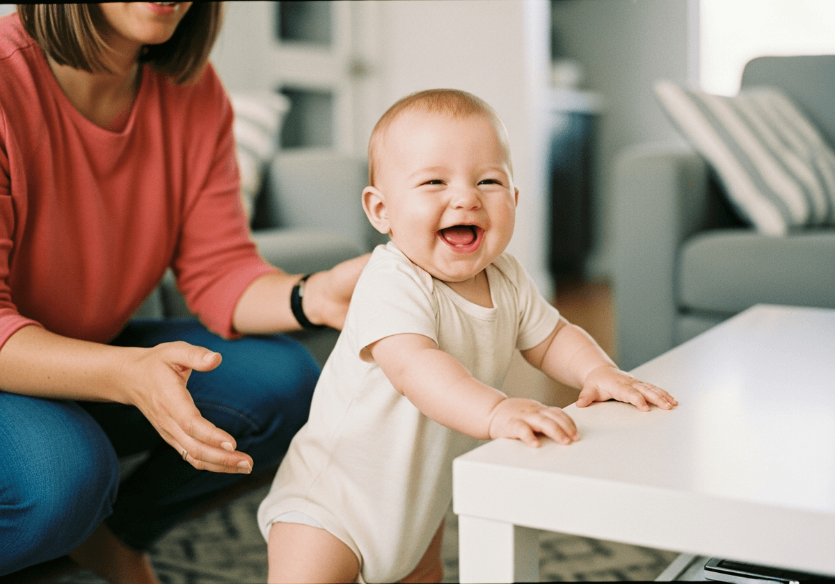 Nine-month-old baby standing at a coffee table for the first time, beaming with pride