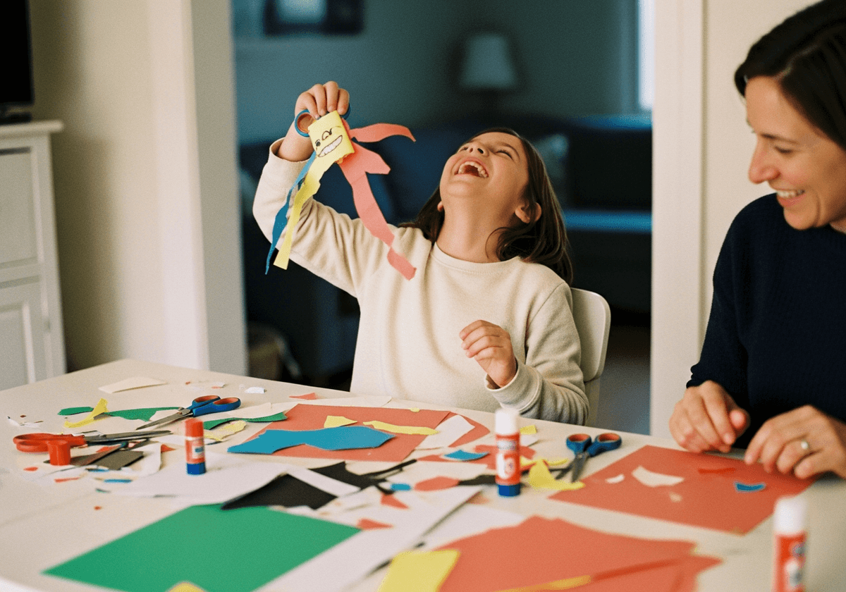 Nine-year-old mid-laugh at a craft project gone wonderfully sideways, holding up their creation