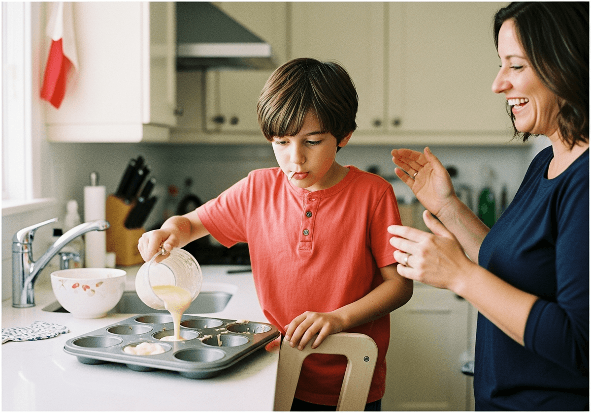 Ten-year-old carefully pouring batter at the kitchen counter, parent hovering nearby