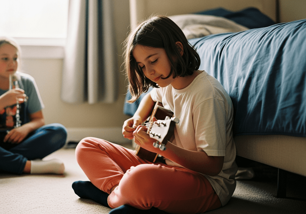Eleven-year-old lost in playing guitar, eyes half-closed, a private smile on their face