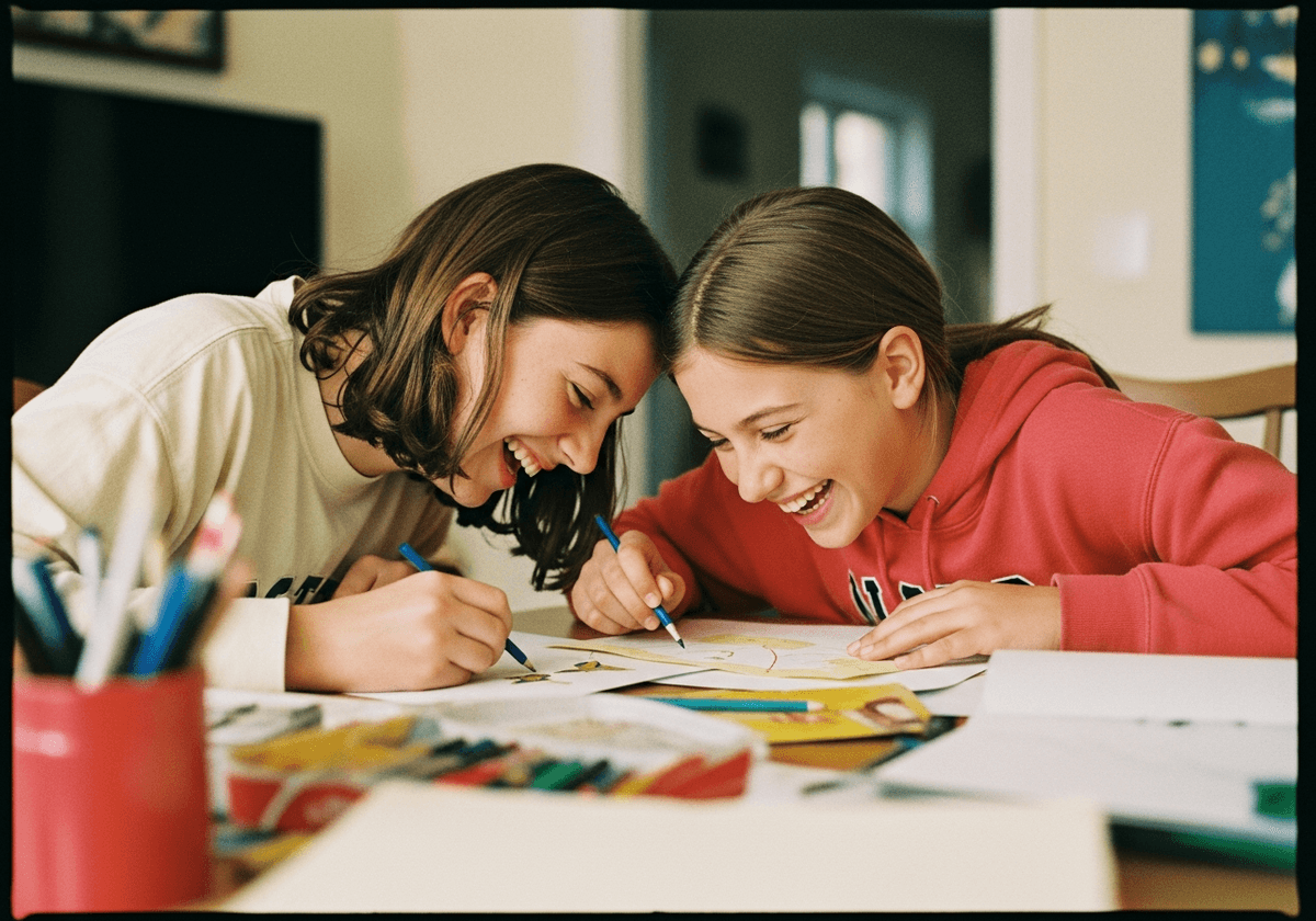 Twelve-year-old and a friend leaning over a project together, both mid-laugh