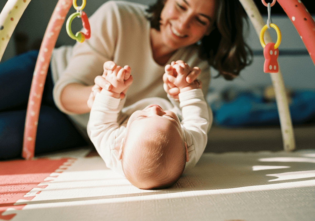 Four-month-old baby on their back, gleefully grabbing their feet