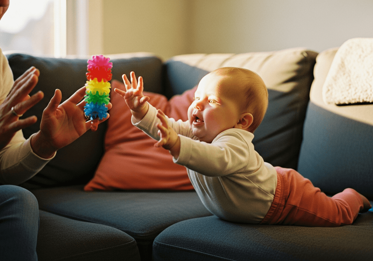 Five-month-old baby propped sitting, arms reaching eagerly for a colorful toy