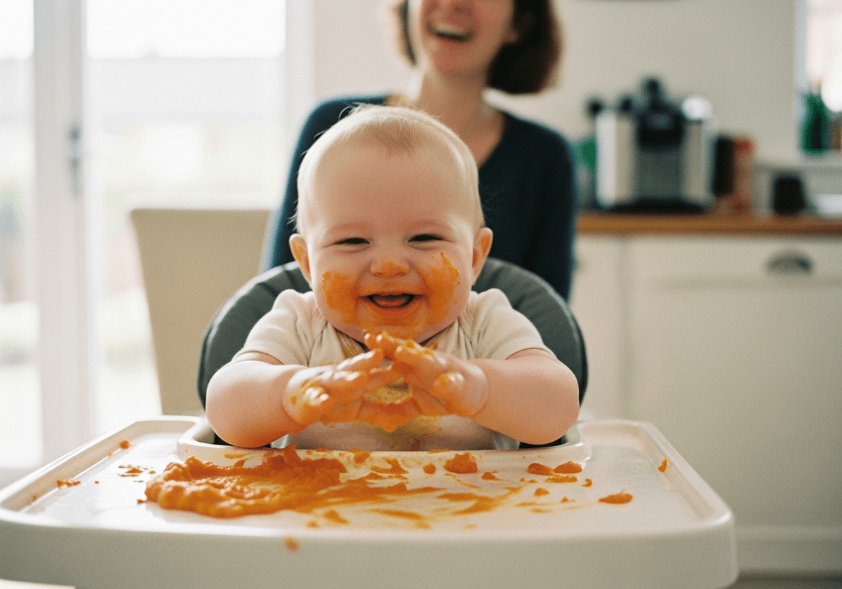 Six-month-old baby in a highchair, face covered in sweet potato, mid-giggle