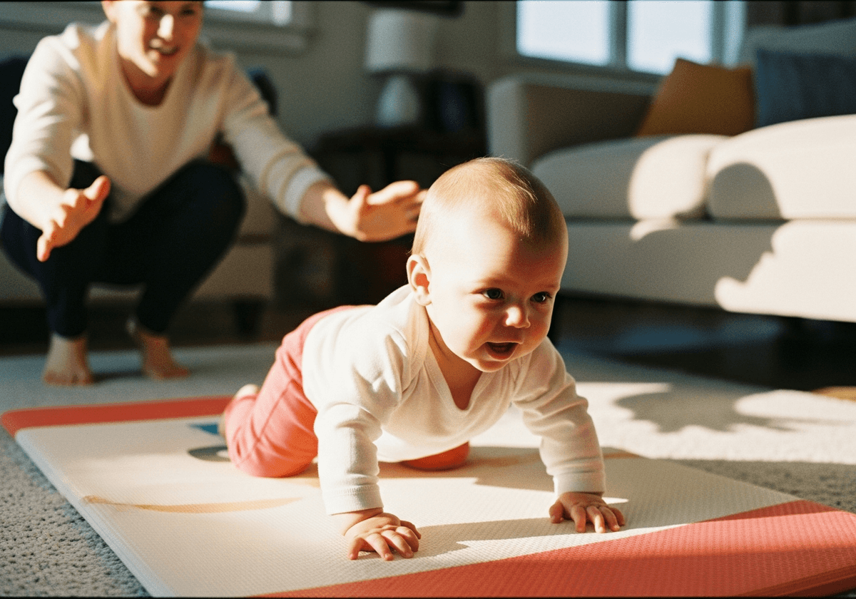 Seven-month-old baby on all fours, on the verge of their first crawl